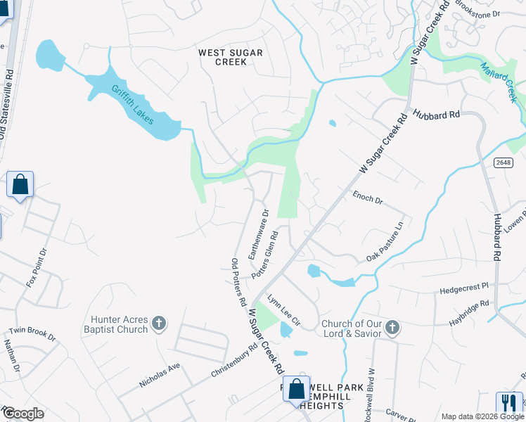 map of restaurants, bars, coffee shops, grocery stores, and more near 8813 Earthenware Drive in Charlotte