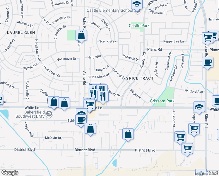map of restaurants, bars, coffee shops, grocery stores, and more near 6005 Chicory Drive in Bakersfield