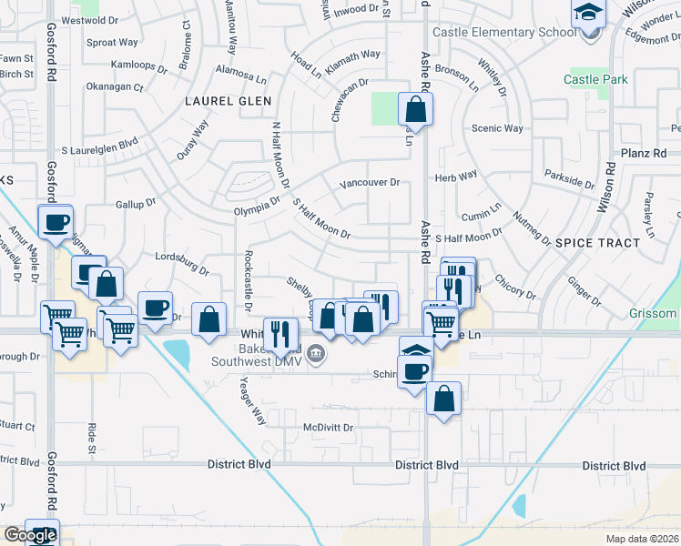 map of restaurants, bars, coffee shops, grocery stores, and more near 6700 Plaquemines Drive in Bakersfield
