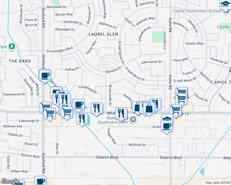 map of restaurants, bars, coffee shops, grocery stores, and more near 3717 Meade Court in Bakersfield