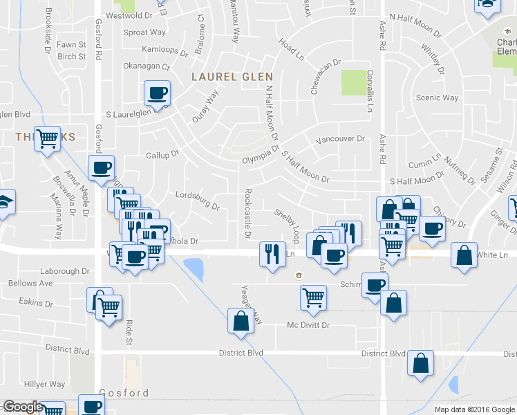 map of restaurants, bars, coffee shops, grocery stores, and more near 3717 Meade Court in Bakersfield