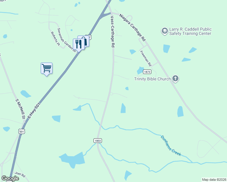 map of restaurants, bars, coffee shops, grocery stores, and more near 909 Vass-Carthage Road in Carthage