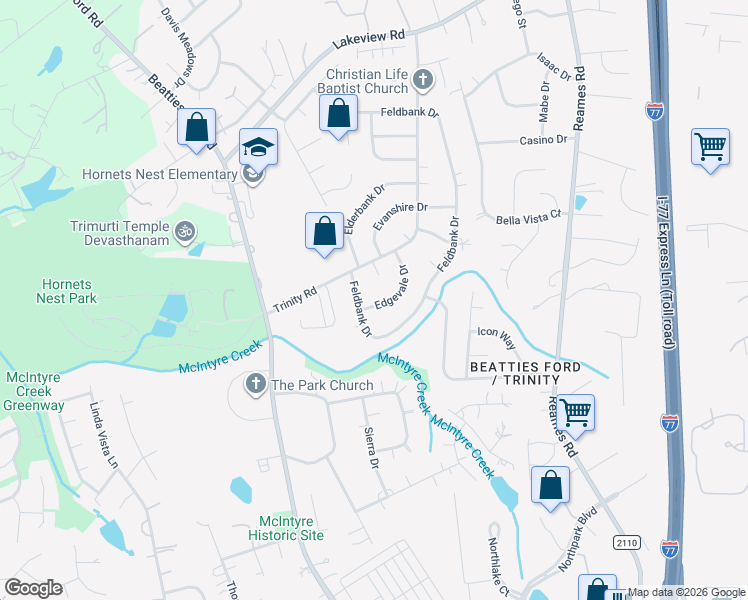 map of restaurants, bars, coffee shops, grocery stores, and more near 9215 Edgevale Drive in Charlotte