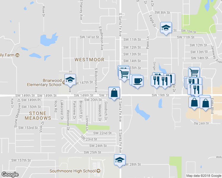 map of restaurants, bars, coffee shops, grocery stores, and more near 14808 Broadway Court in Oklahoma City