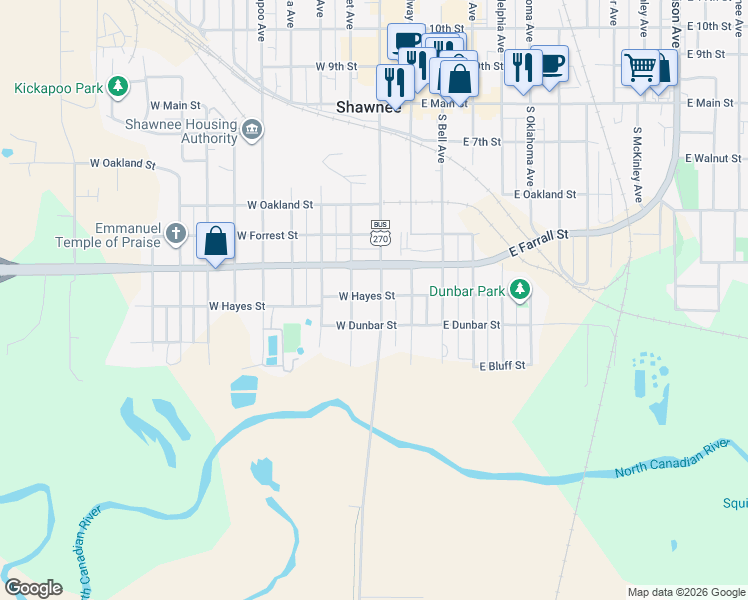 map of restaurants, bars, coffee shops, grocery stores, and more near 115 West Hayes Street in Shawnee