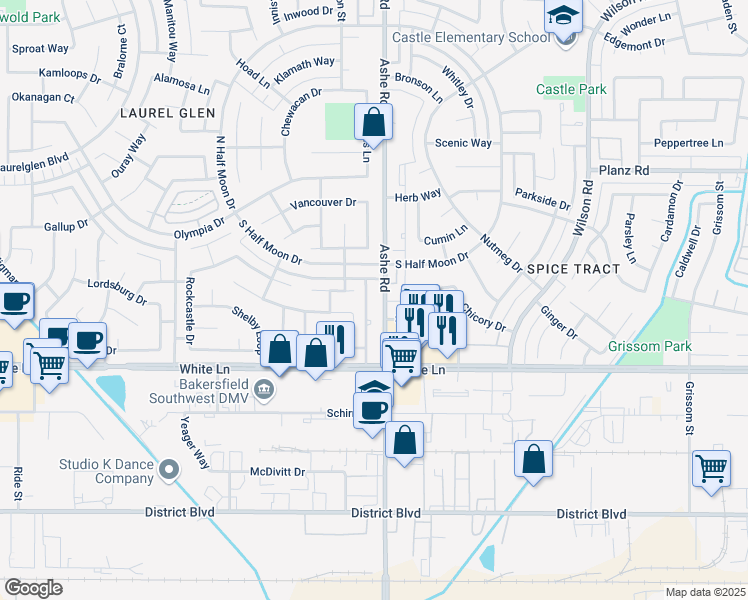 map of restaurants, bars, coffee shops, grocery stores, and more near 3721 Ashe Road in Bakersfield