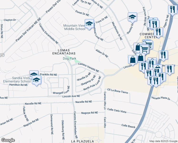 map of restaurants, bars, coffee shops, grocery stores, and more near 7250 Wasilla Drive Northeast in Rio Rancho