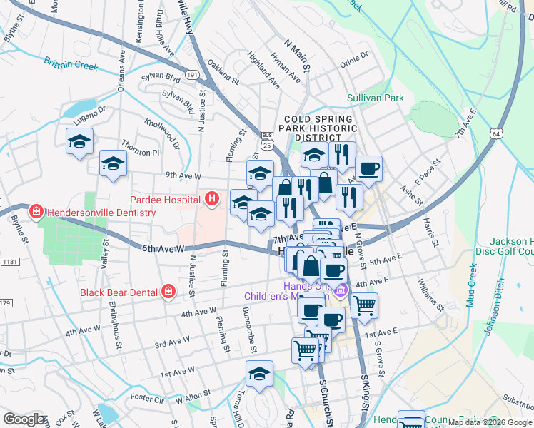 map of restaurants, bars, coffee shops, grocery stores, and more near 737 Buncombe Street in Hendersonville