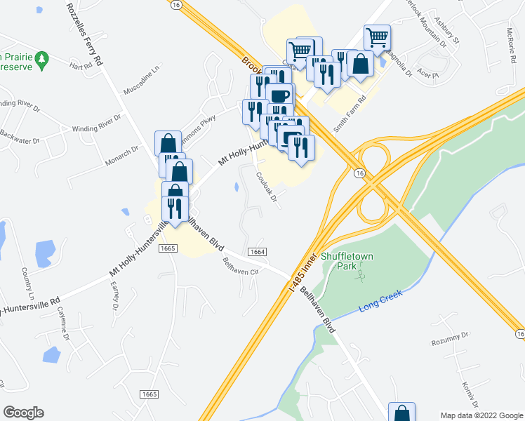 map of restaurants, bars, coffee shops, grocery stores, and more near 3234 Floral Grove Lane in Charlotte