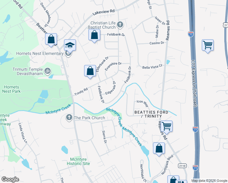 map of restaurants, bars, coffee shops, grocery stores, and more near 9300 Edgevale Drive in Charlotte