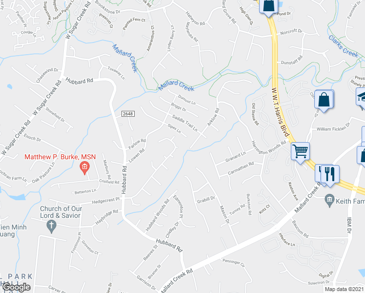 map of restaurants, bars, coffee shops, grocery stores, and more near 3504 Mossy Bank Place in Charlotte