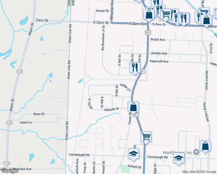 map of restaurants, bars, coffee shops, grocery stores, and more near 804 Cedar Lane in Fort Smith