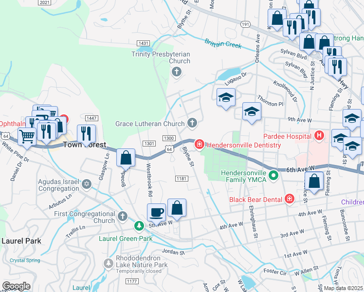 map of restaurants, bars, coffee shops, grocery stores, and more near 129 West Blythe Circle in Hendersonville
