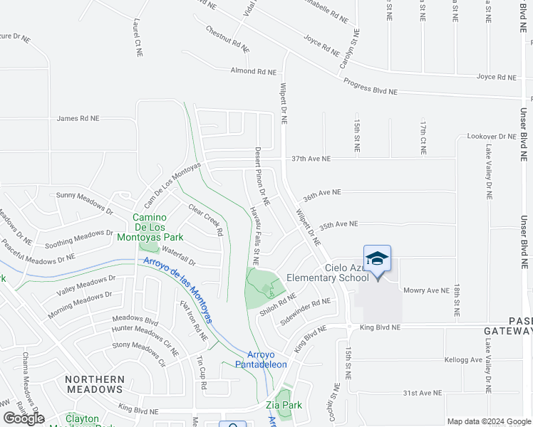 map of restaurants, bars, coffee shops, grocery stores, and more near 3807 Desert Pinon Drive Northeast in Rio Rancho