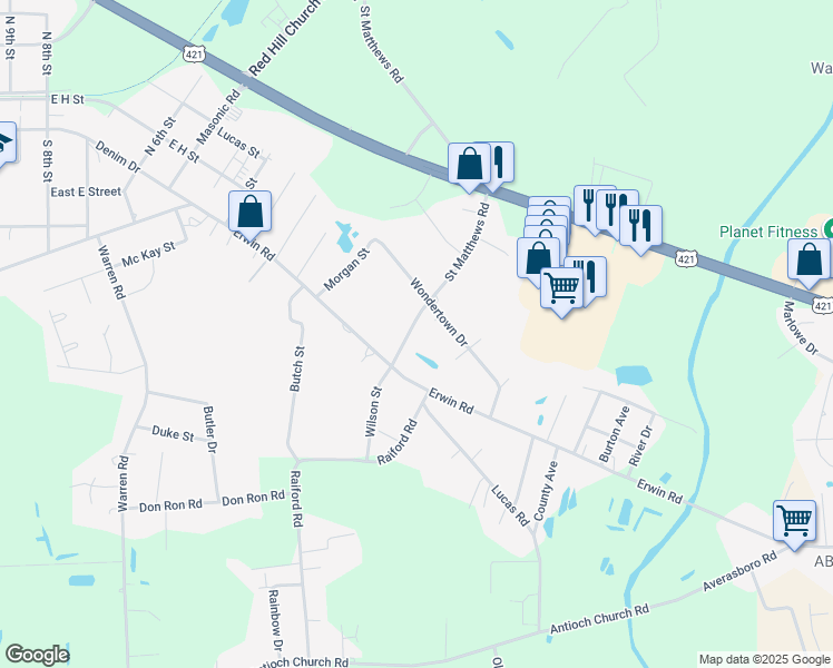 map of restaurants, bars, coffee shops, grocery stores, and more near 105 Saint Matthews Road in Erwin