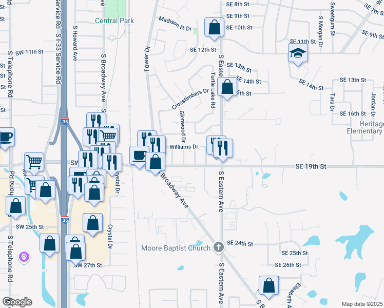 map of restaurants, bars, coffee shops, grocery stores, and more near 1905 Kirby Drive in Moore