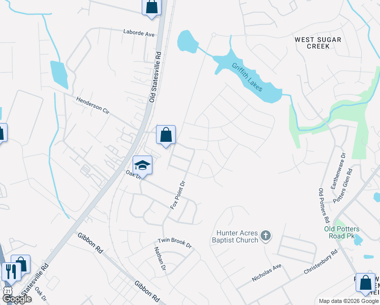 map of restaurants, bars, coffee shops, grocery stores, and more near 7342 Fox Point Drive in Charlotte