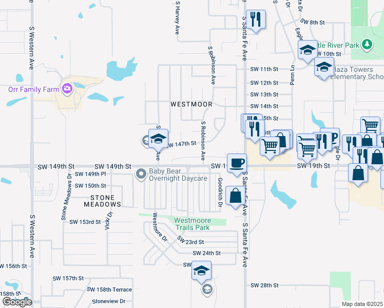map of restaurants, bars, coffee shops, grocery stores, and more near 213 Southwest 148th Street in Oklahoma City