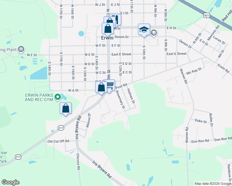 map of restaurants, bars, coffee shops, grocery stores, and more near 801 Rosemary Street in Erwin