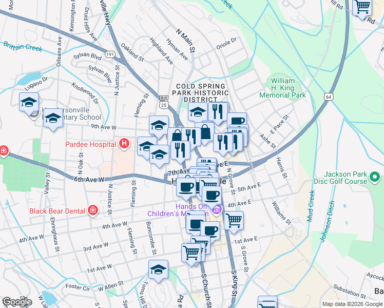map of restaurants, bars, coffee shops, grocery stores, and more near 755 North Main Street in Hendersonville