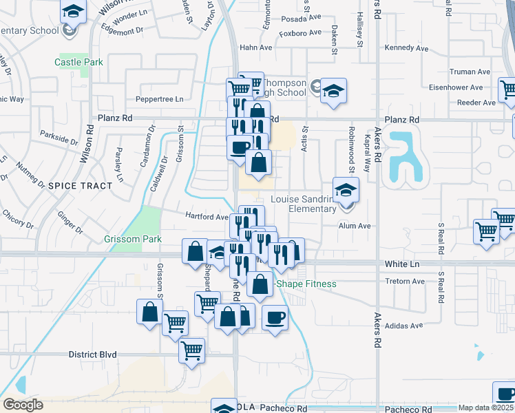 map of restaurants, bars, coffee shops, grocery stores, and more near 4701 Beechwood Street in Bakersfield