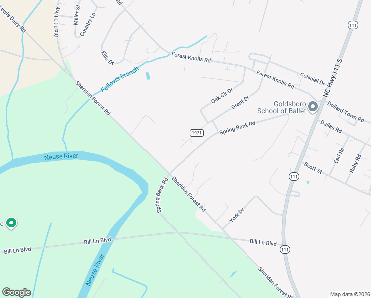 map of restaurants, bars, coffee shops, grocery stores, and more near 157-299 Spring Bank Road in Goldsboro