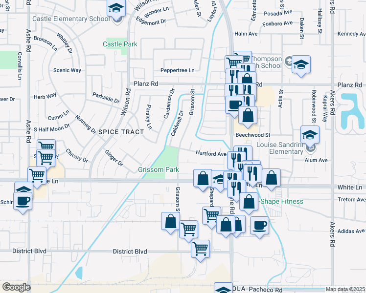 map of restaurants, bars, coffee shops, grocery stores, and more near 3712 Grissom Street in Bakersfield