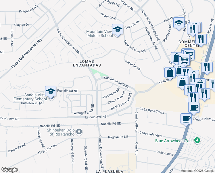map of restaurants, bars, coffee shops, grocery stores, and more near 7120 Fairbanks Drive Northeast in Rio Rancho