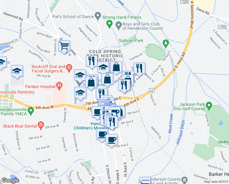 map of restaurants, bars, coffee shops, grocery stores, and more near 721 North Grove Street in Hendersonville