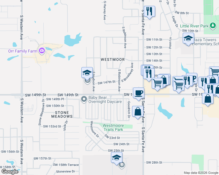 map of restaurants, bars, coffee shops, grocery stores, and more near 213 Southwest 148th Street in Oklahoma City