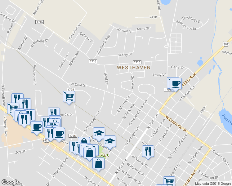 map of restaurants, bars, coffee shops, grocery stores, and more near 1014 West Cole Street in Dunn