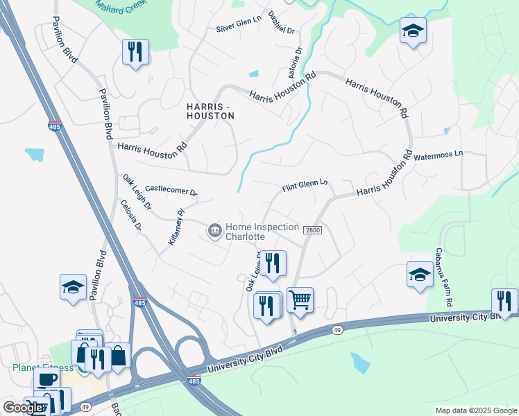 map of restaurants, bars, coffee shops, grocery stores, and more near 10708 Derry Drive in Charlotte