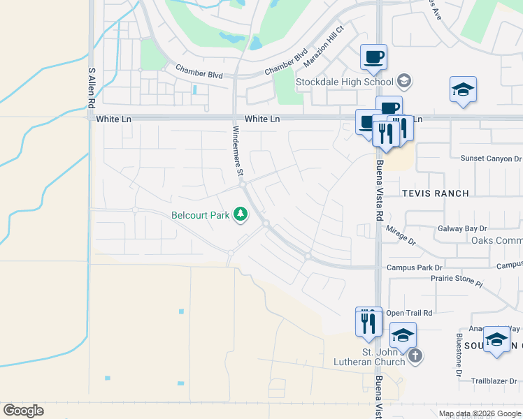 map of restaurants, bars, coffee shops, grocery stores, and more near 12000 Campus Park Drive in Bakersfield
