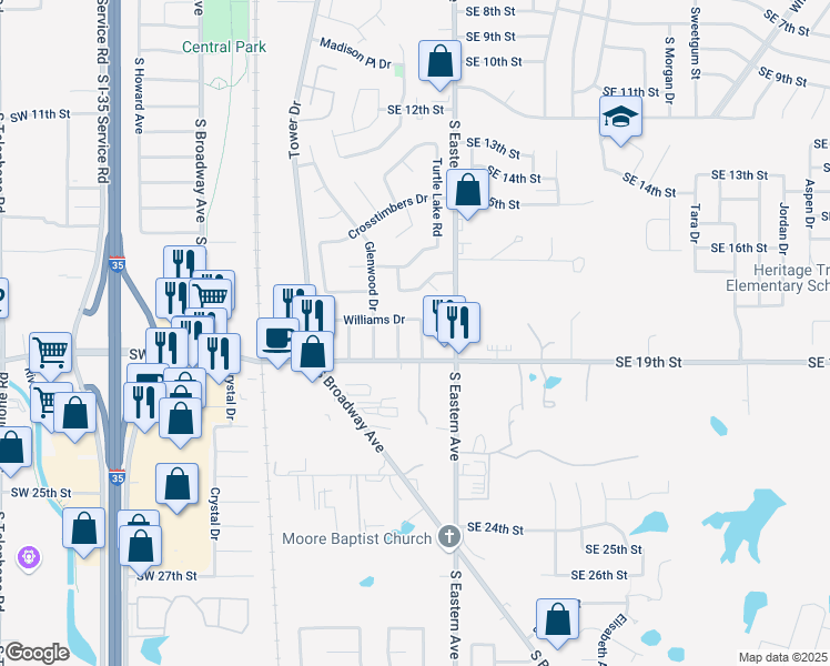 map of restaurants, bars, coffee shops, grocery stores, and more near 1905 Kirby Drive in Moore