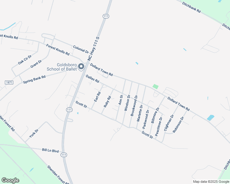 map of restaurants, bars, coffee shops, grocery stores, and more near 105 Ruby Belle Way in Goldsboro