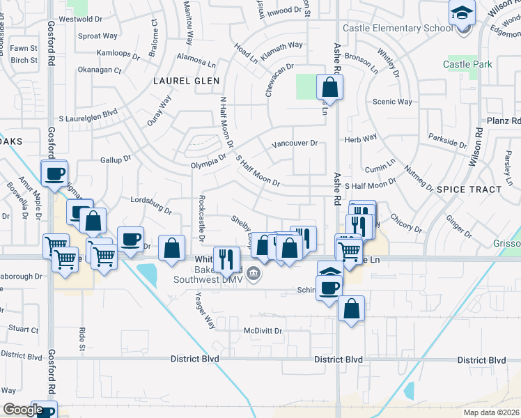 map of restaurants, bars, coffee shops, grocery stores, and more near 6708 Plaquemines Drive in Bakersfield