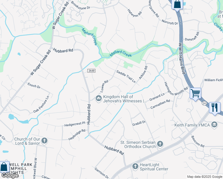 map of restaurants, bars, coffee shops, grocery stores, and more near 6047 Hedgecrest Place in Charlotte