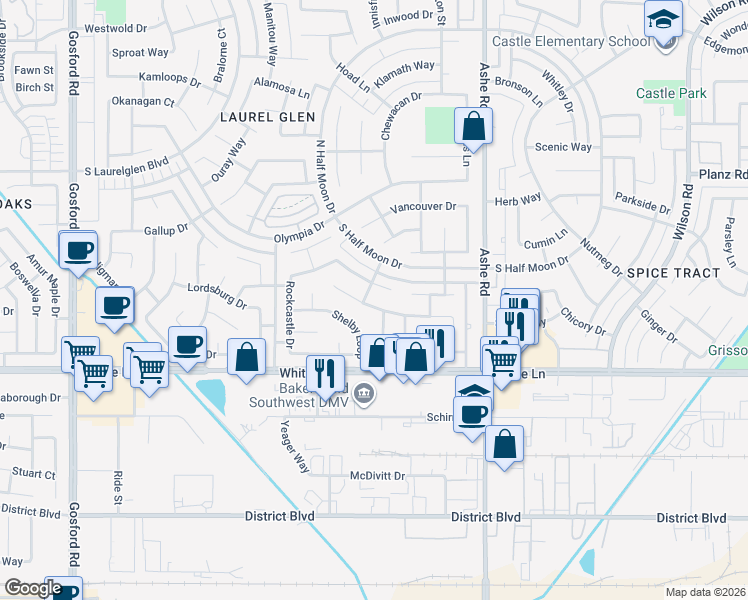 map of restaurants, bars, coffee shops, grocery stores, and more near 6708 Plaquemines Drive in Bakersfield