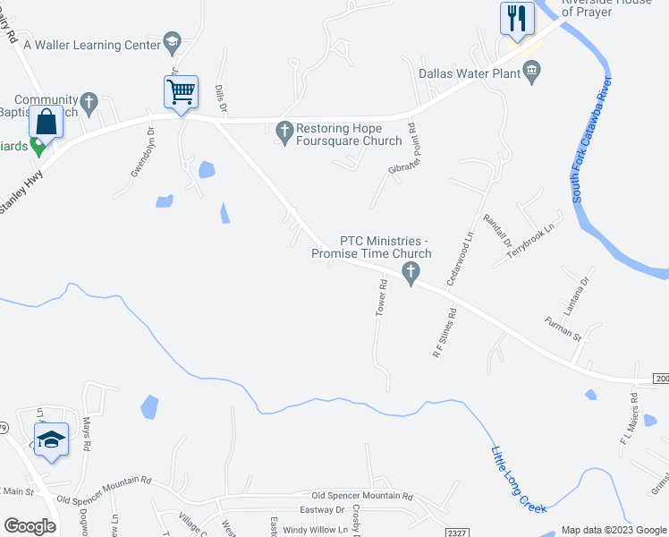 map of restaurants, bars, coffee shops, grocery stores, and more near 765 Dallas Spencer Mountain Road in Dallas
