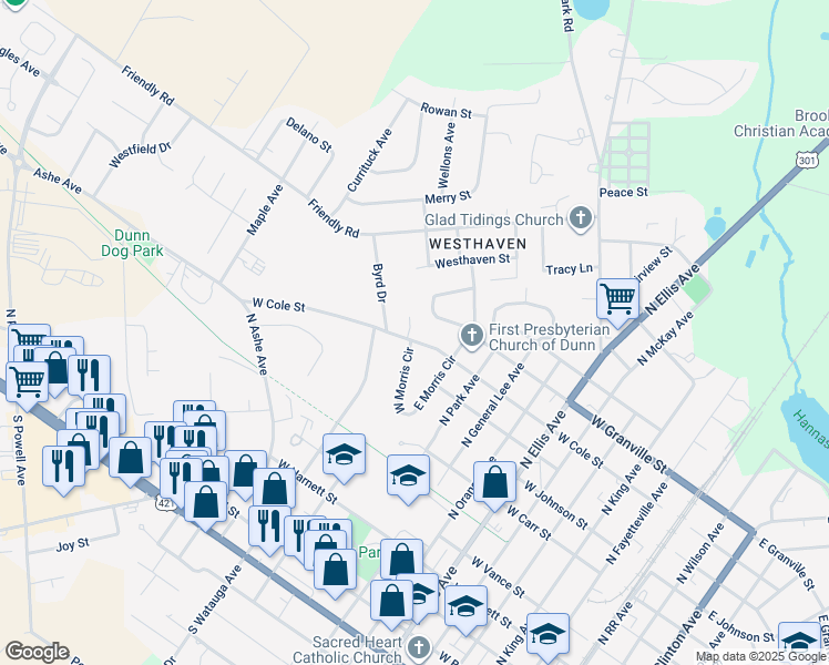 map of restaurants, bars, coffee shops, grocery stores, and more near 1014 West Cole Street in Dunn