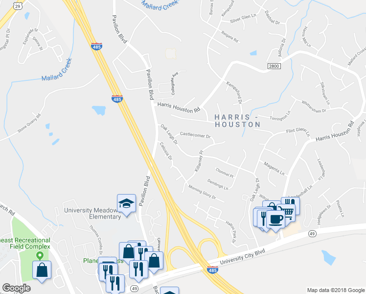 map of restaurants, bars, coffee shops, grocery stores, and more near 2320 Oak Leigh Drive in Charlotte