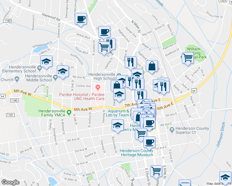 map of restaurants, bars, coffee shops, grocery stores, and more near 737 Buncombe Street in Hendersonville