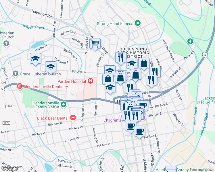 map of restaurants, bars, coffee shops, grocery stores, and more near 730 Oakland Street in Hendersonville
