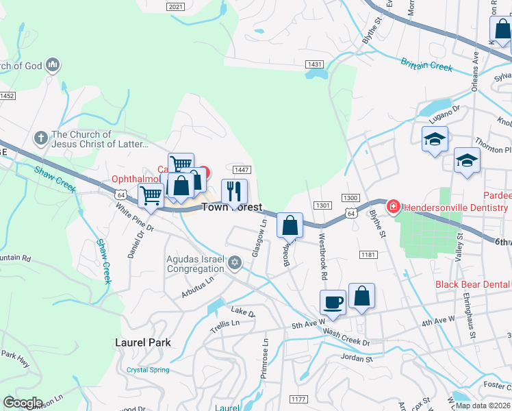 map of restaurants, bars, coffee shops, grocery stores, and more near 1615 Brevard Road in Hendersonville