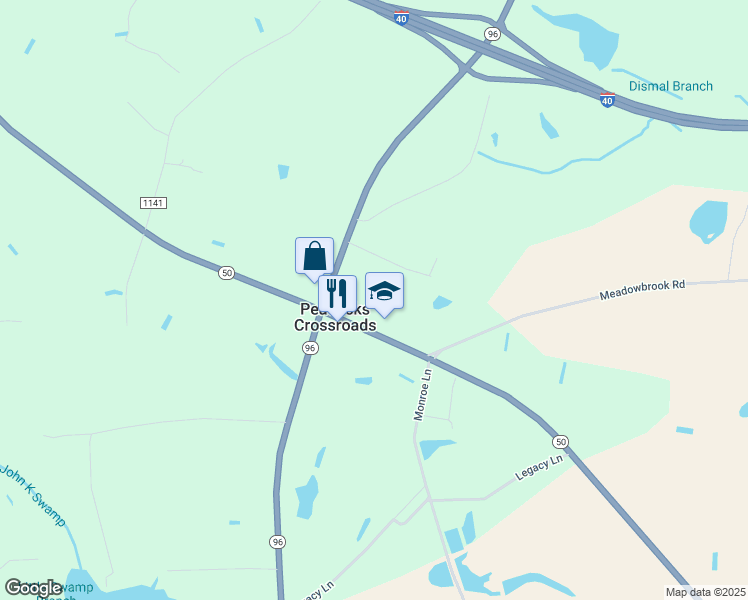 map of restaurants, bars, coffee shops, grocery stores, and more near 7507 North Carolina 50 in Benson