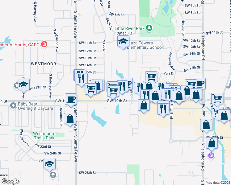 map of restaurants, bars, coffee shops, grocery stores, and more near 825 Southwest 19th Street in Moore