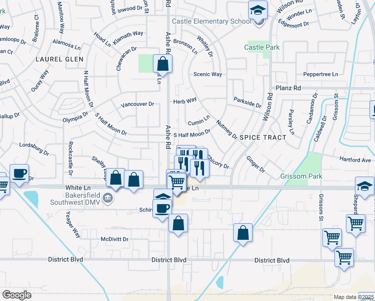 map of restaurants, bars, coffee shops, grocery stores, and more near 6113 Chicory Drive in Bakersfield