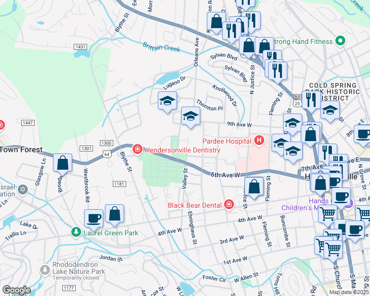 map of restaurants, bars, coffee shops, grocery stores, and more near 713 Valley Street in Hendersonville