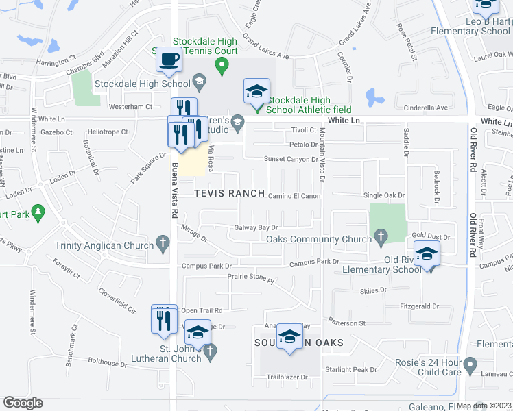 map of restaurants, bars, coffee shops, grocery stores, and more near 3706 Killarney Court in Bakersfield