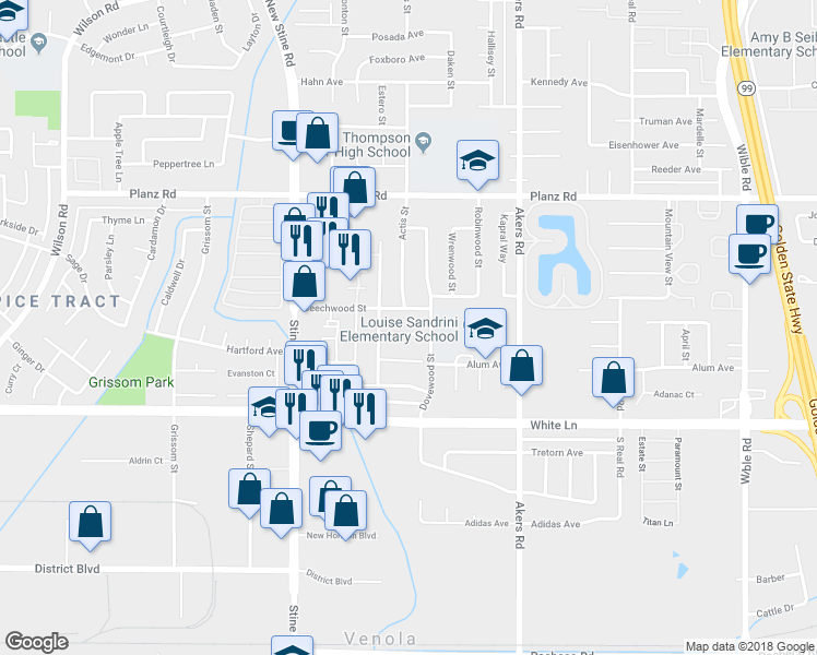 map of restaurants, bars, coffee shops, grocery stores, and more near 4413 Silverwood Lane in Bakersfield